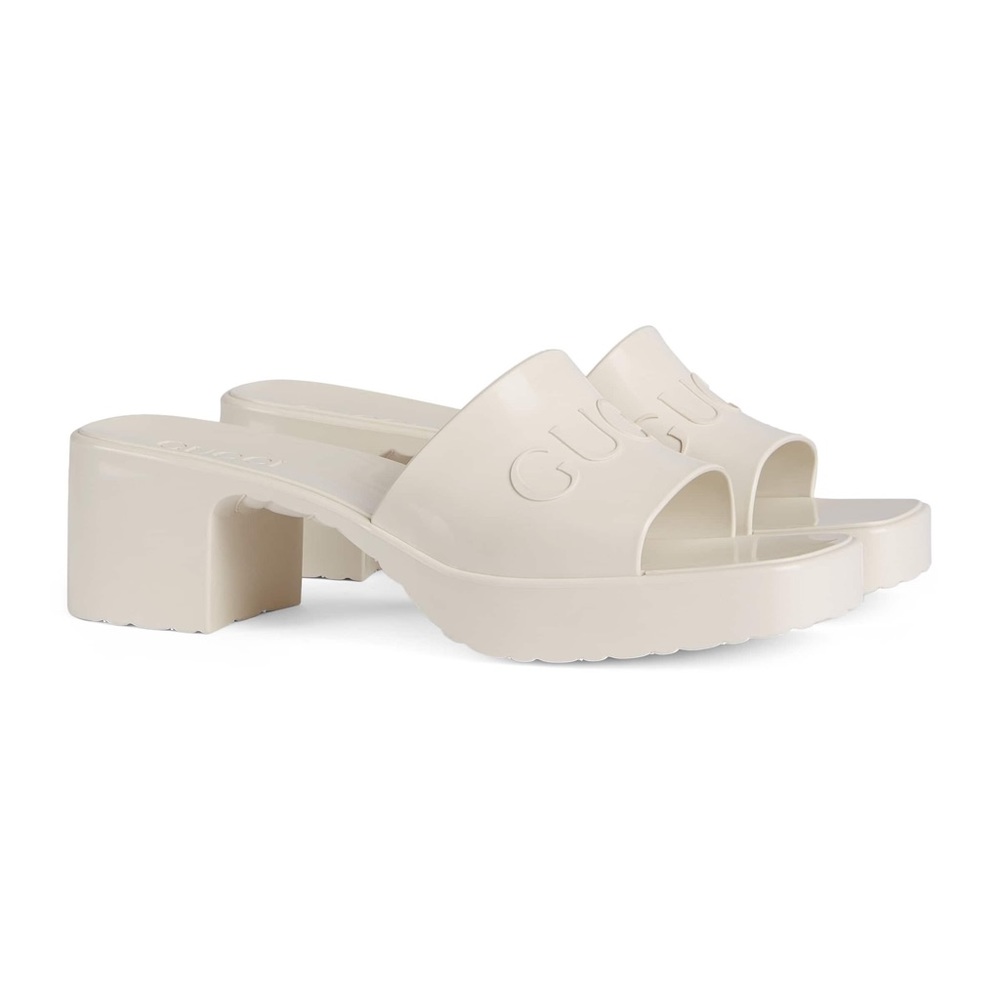 GUCCI Plastique logo-embossed rubber mules in Mystic White